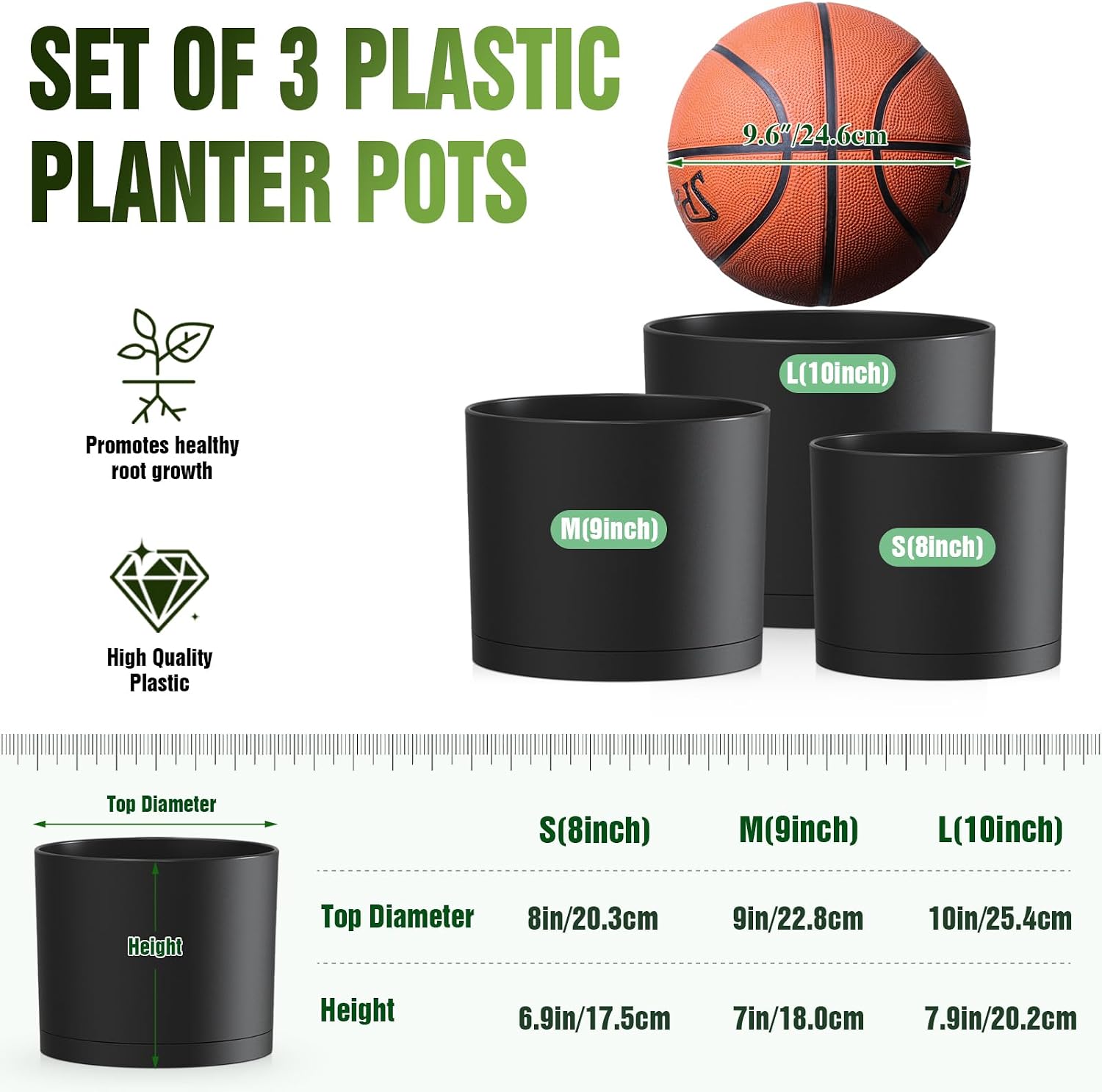 3 Pack Cylindrical Plastic Plant Pots