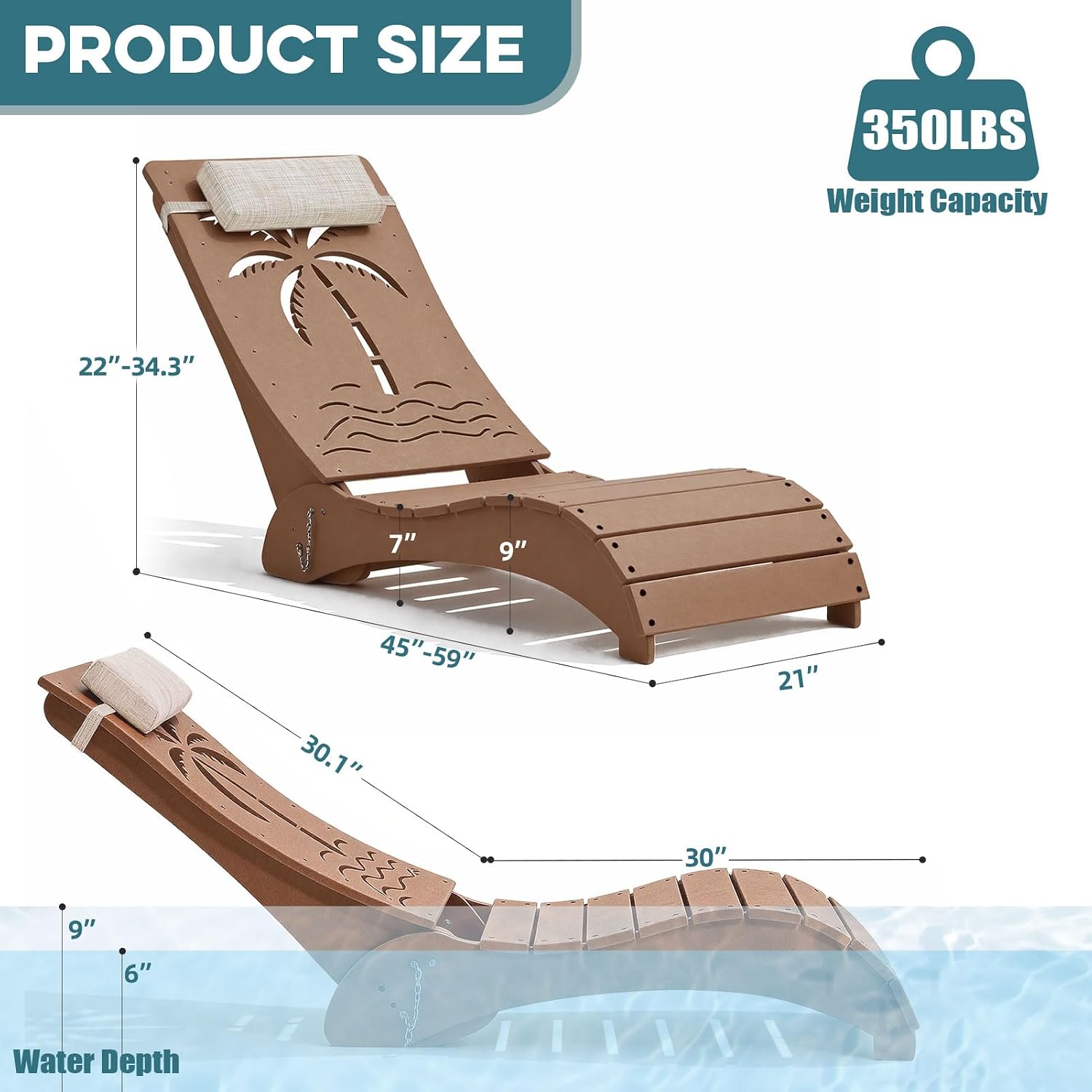 Teak HDPE In-Pool Lounge Chairs Set of 2