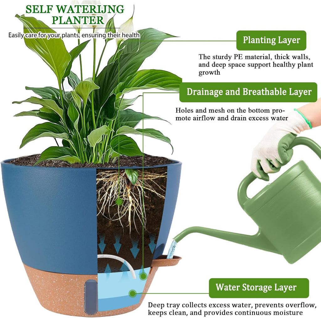 3 Pack Navy Blue Self Watering Plant Pots