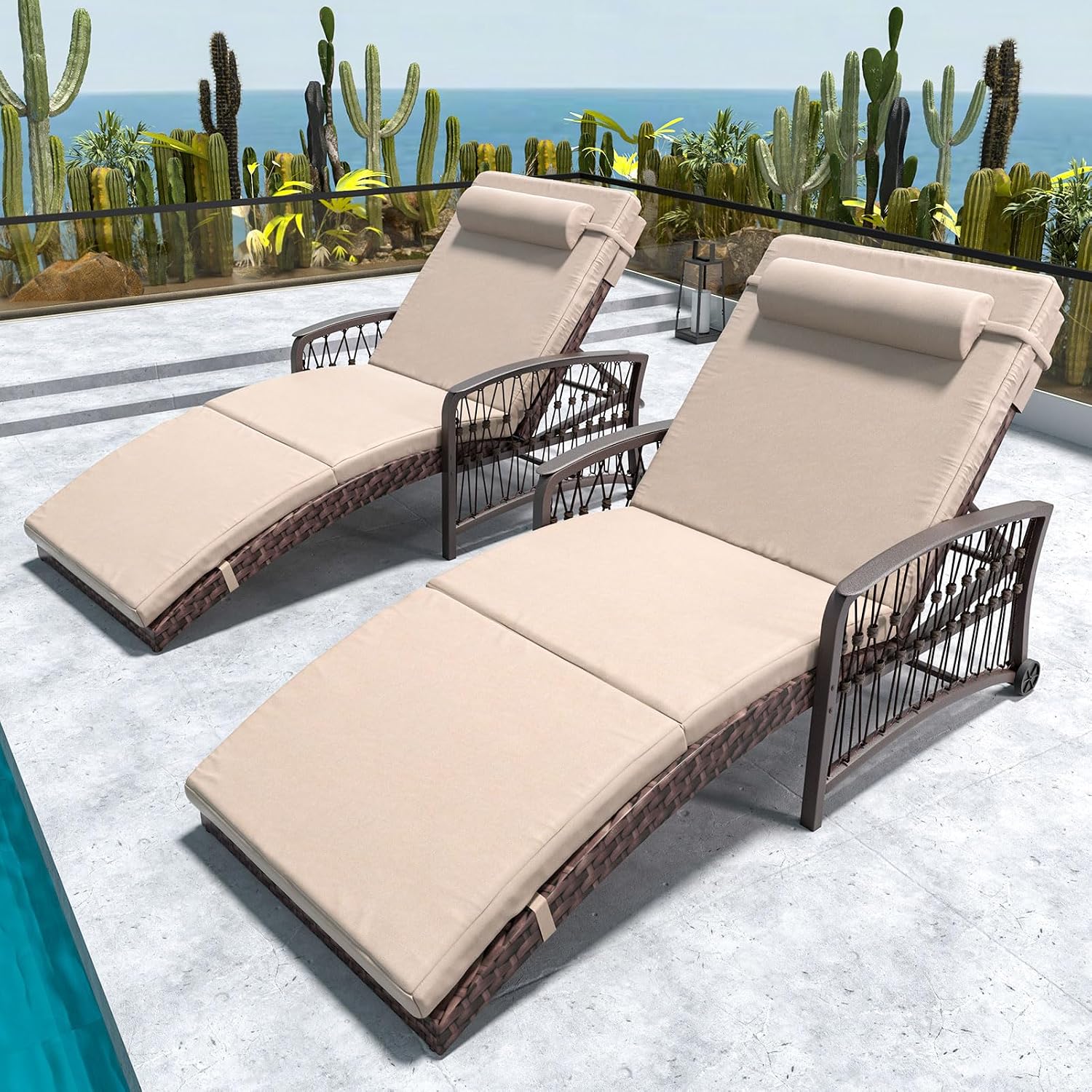 Wicker Rattan Chaise Lounge Set of 2